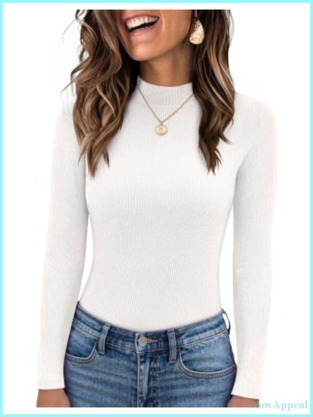 Women's Long Sleeve Mock Neck Ribbed Knit Top Slim Fit Basic Tee